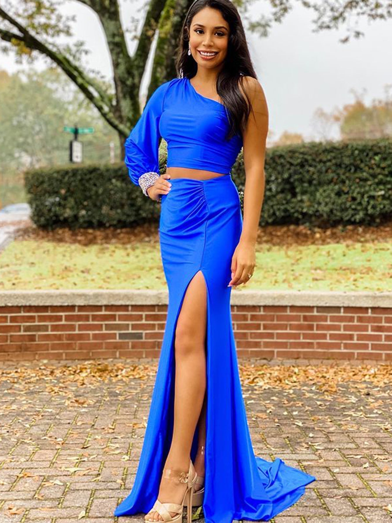 Roycebridal Satin Mermaid One Shoulder Two Pieces Set Black Long Prom Dress