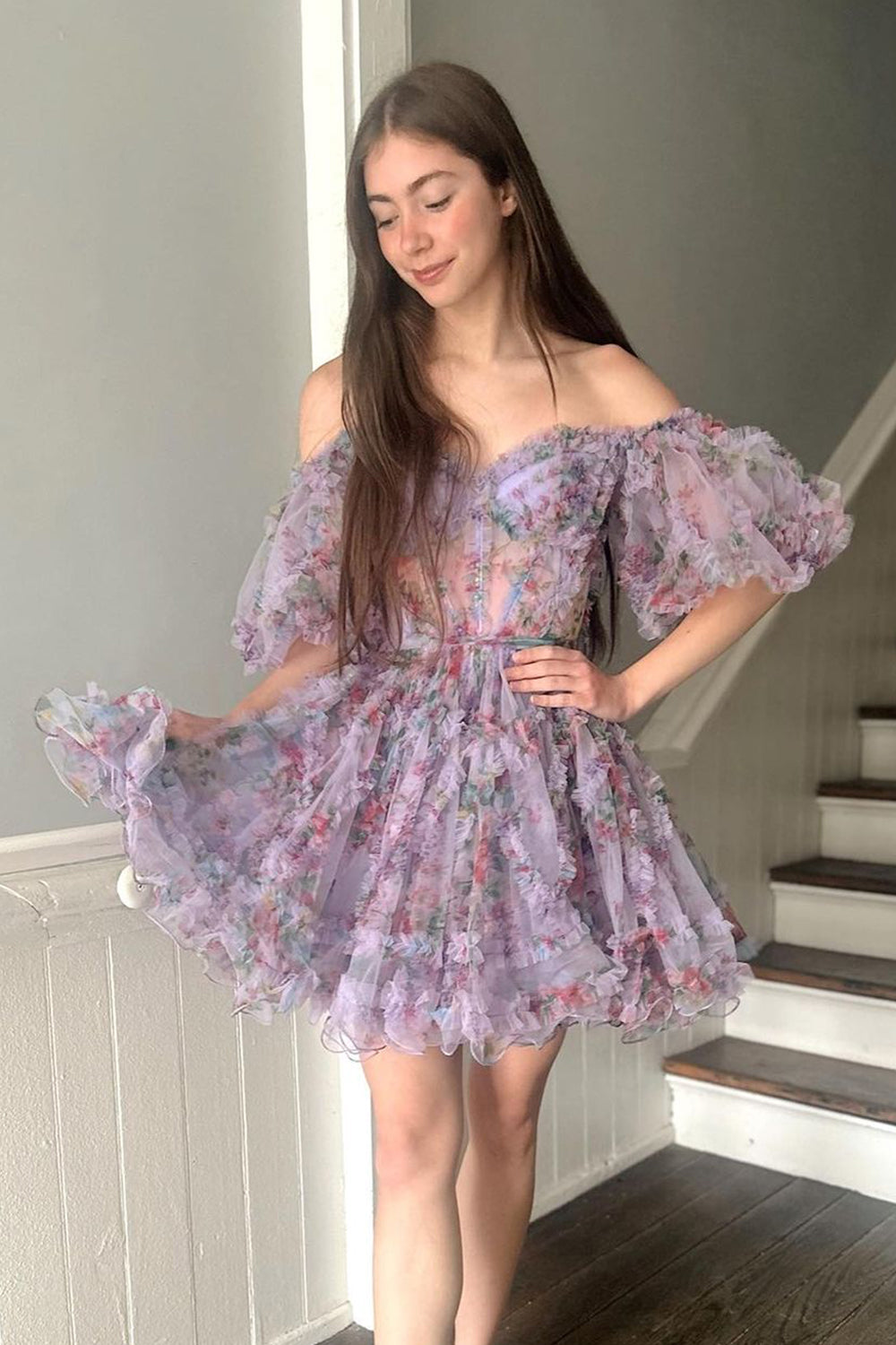 Ivana | A-Linie, schulterfrei, bedrucktes Homecoming-Kleid