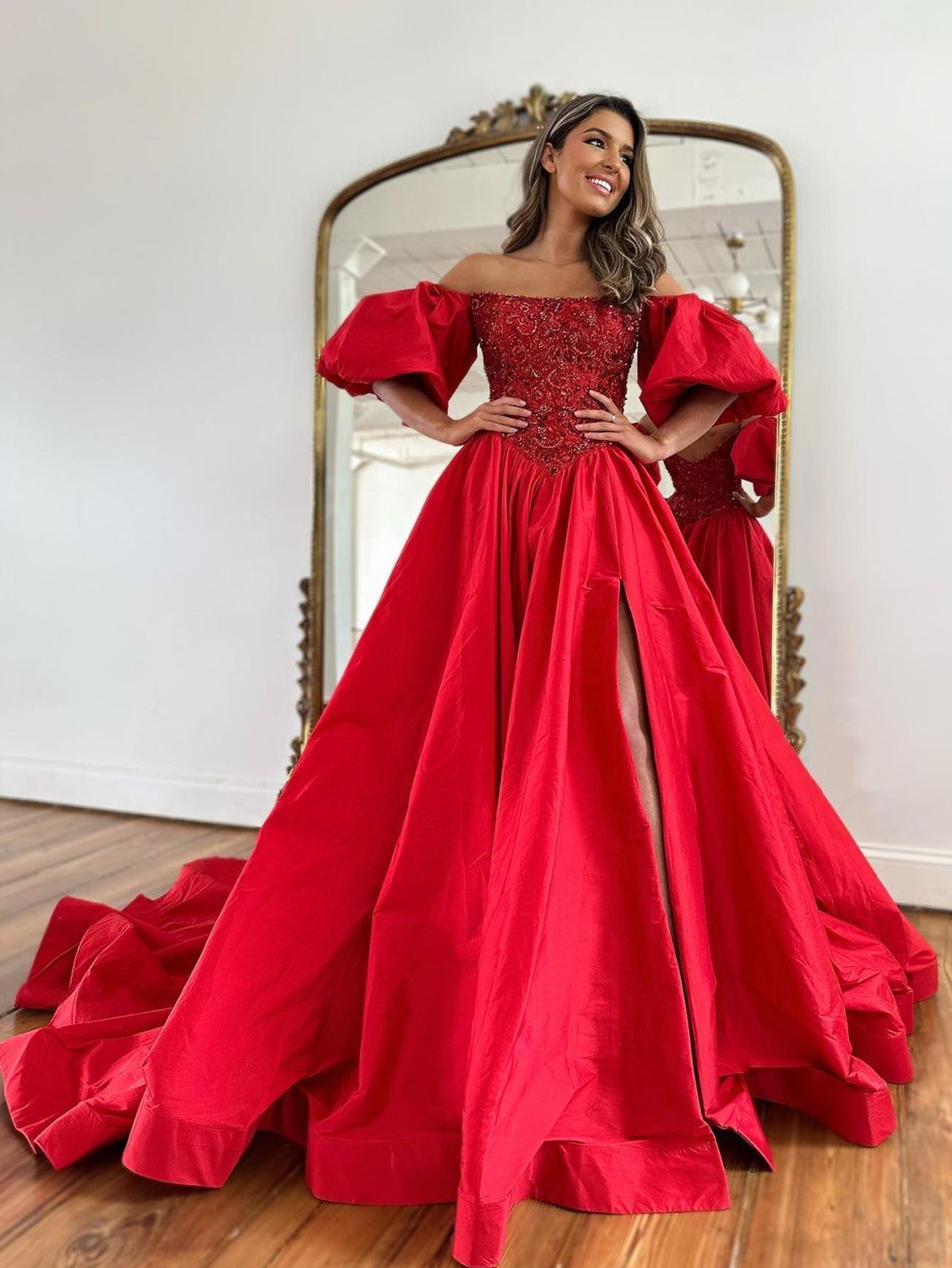Roycebridal Liana | A-Linien-Ballkleid aus schulterfreiem Taft mit kurzen Puffärmeln