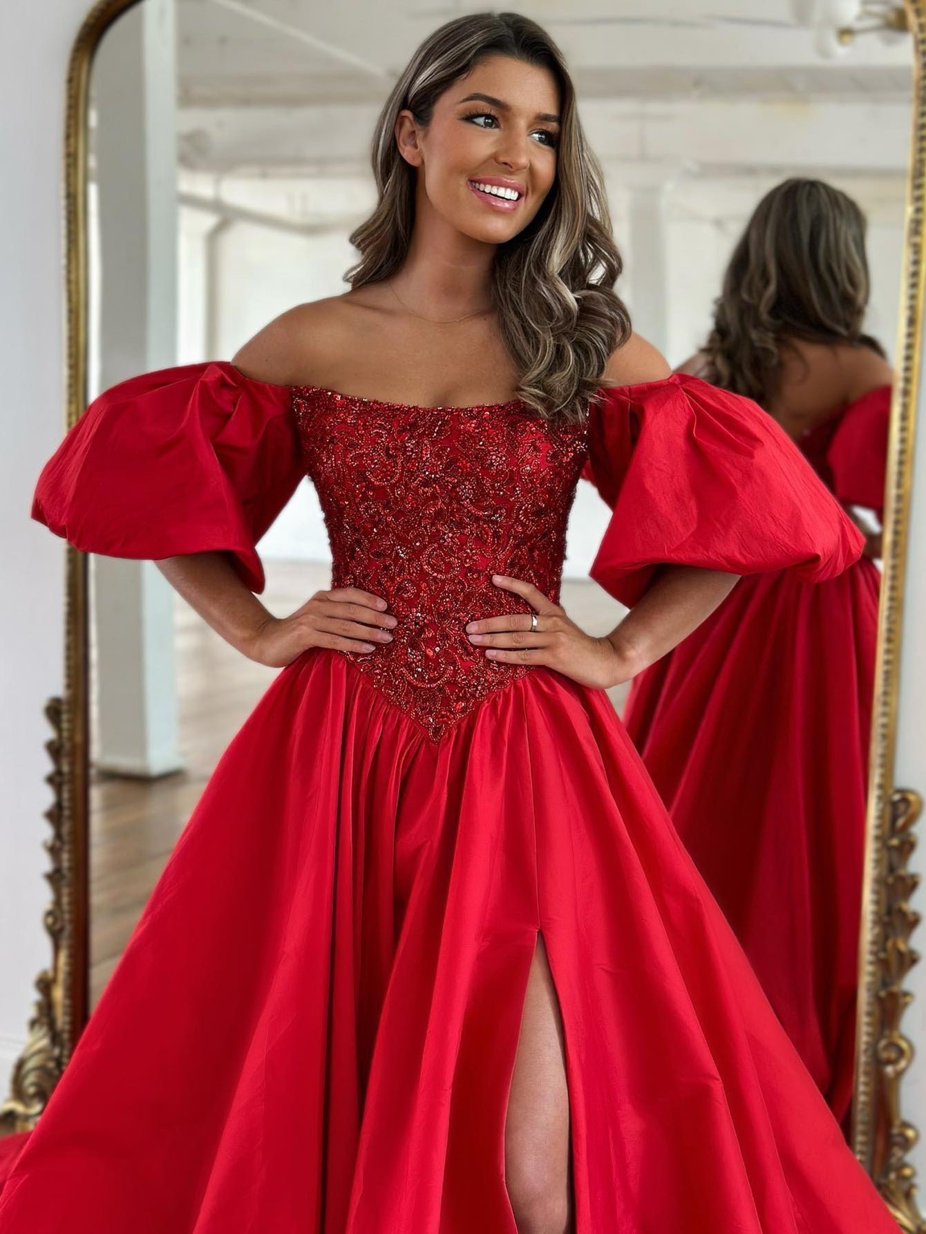 Roycebridal Liana | A-Linien-Ballkleid aus schulterfreiem Taft mit kurzen Puffärmeln