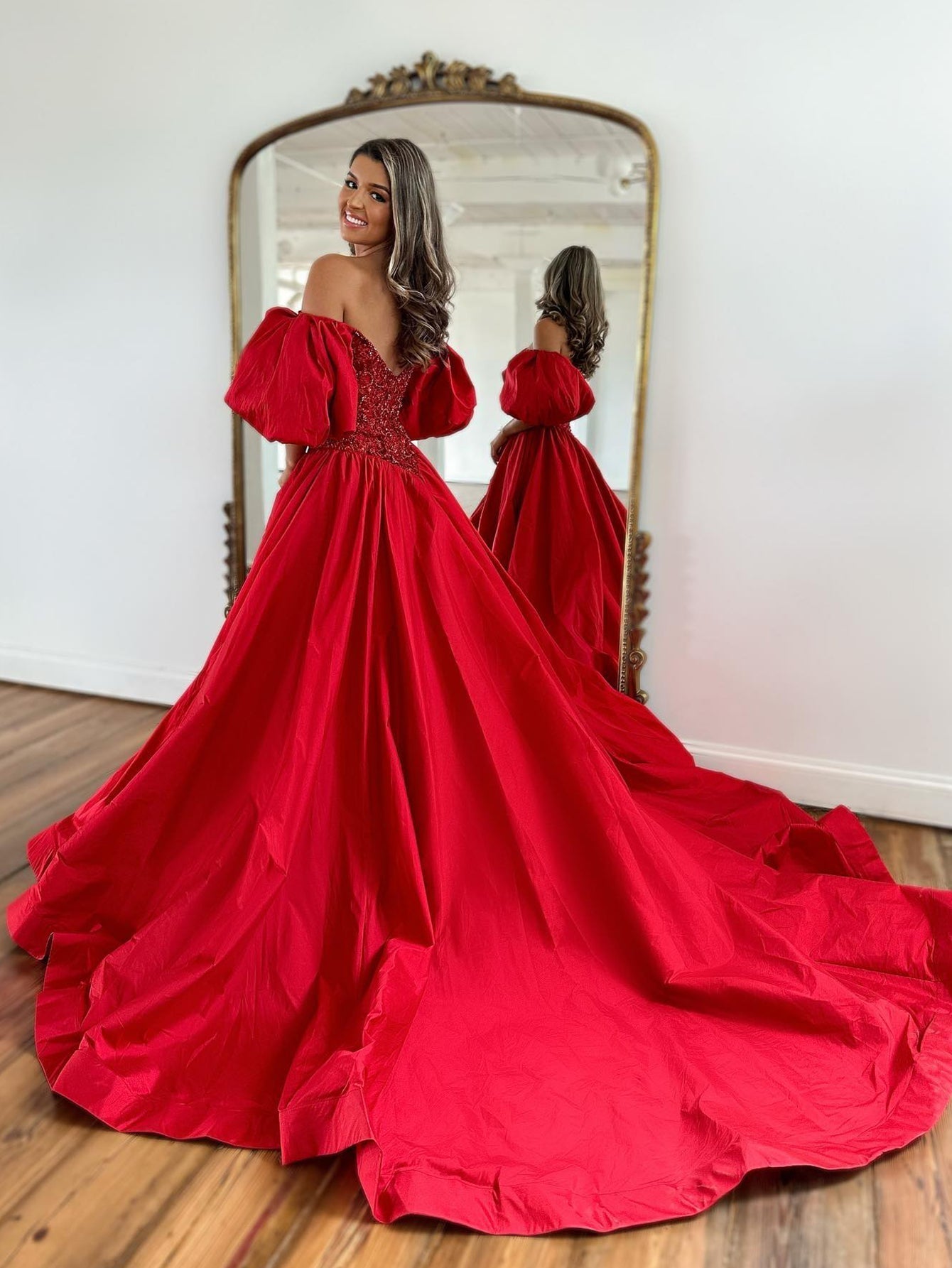 Roycebridal Liana | A-Linien-Ballkleid aus schulterfreiem Taft mit kurzen Puffärmeln