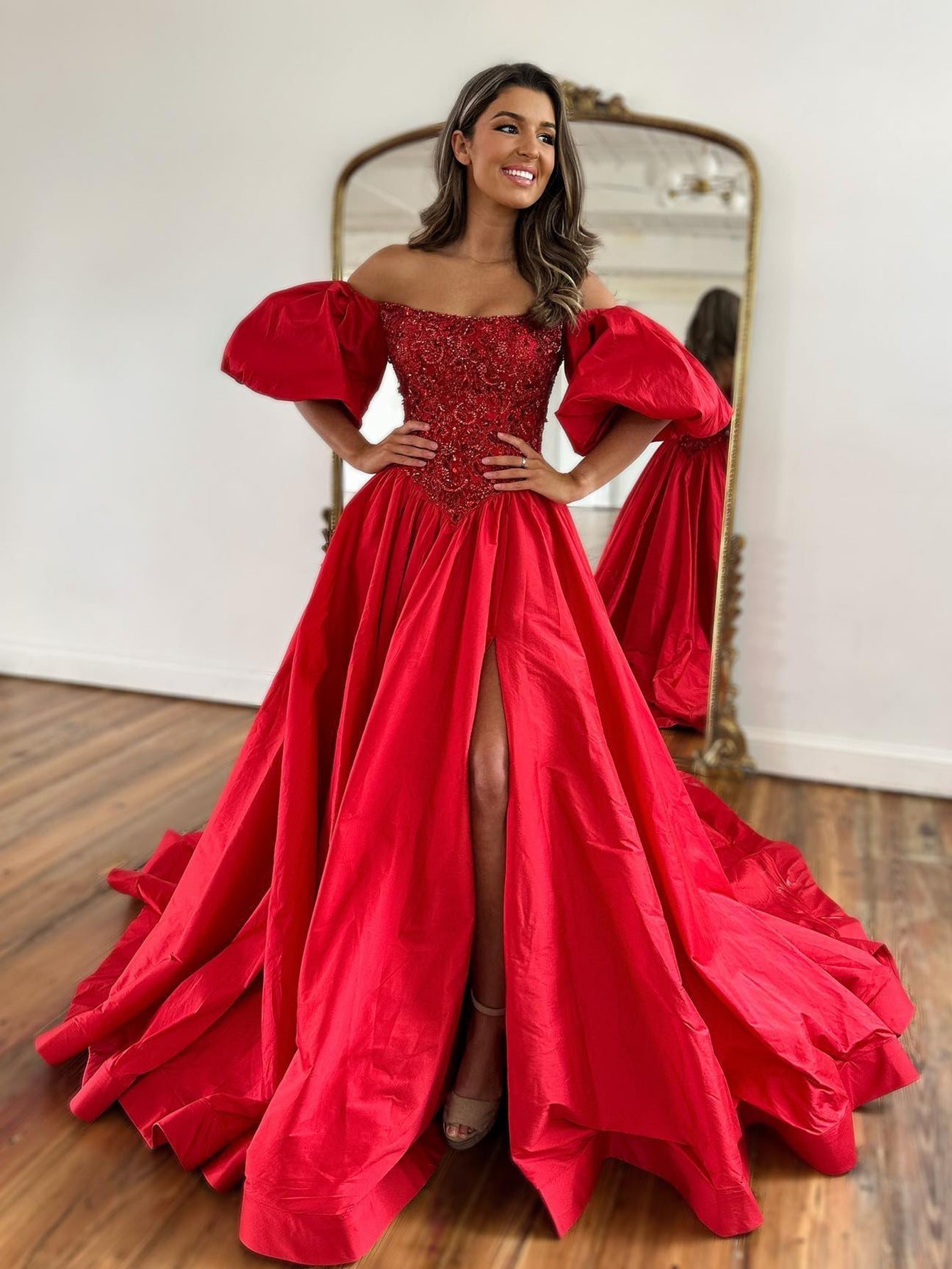 Roycebridal Liana | A-Linien-Ballkleid aus schulterfreiem Taft mit kurzen Puffärmeln