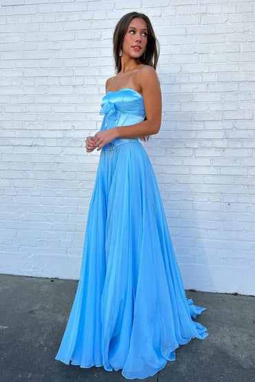 Blue Strapless Bow Pleated Chiffon Long A Line Prom Dress