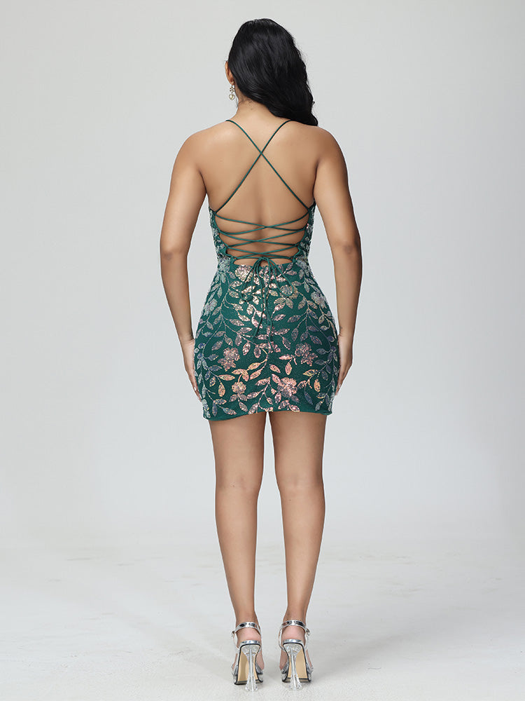 Mini-Heimkehrkleid aus Spitze mit V-Ausschnitt und Spaghettiträgern