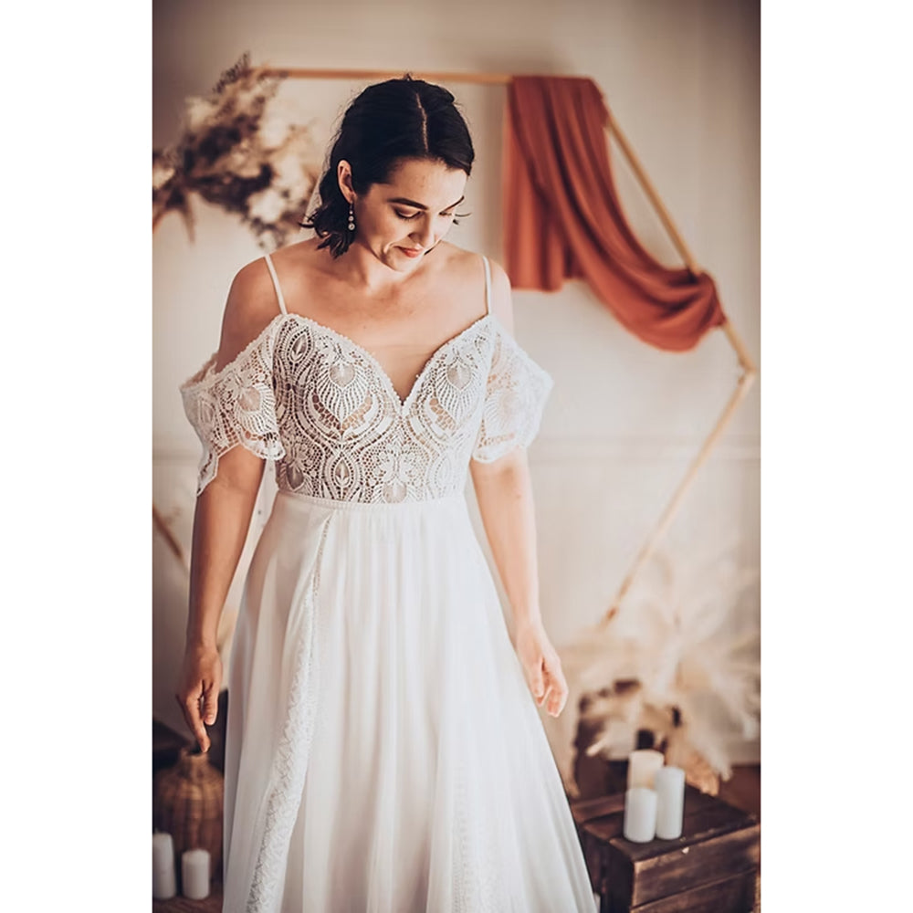 Sexy V Neck Spaghetti Straps Off the Shoulder Lace A Line Gothic Black Wedding Dress