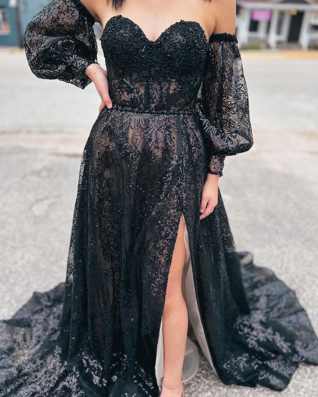 Roycebridal Trina | Cute A Line Sweetheart Black Sequins Long Prom Dresses