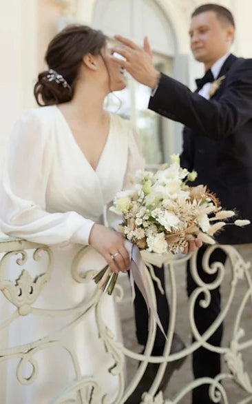 Ivory Long Sleeve Tea Length Chiffon A-Line Wedding Dress Custom Made