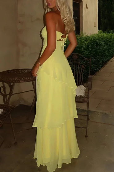 Yellow Sheath Strapless Chiffon With Ruffles Long A Line Prom Dress