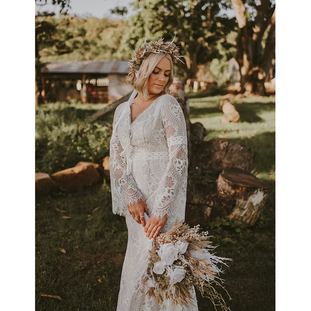 Sexy V Neck Long Flare Sleeve Open Back Full Lace Mermaid Gothic Black Wedding Dress