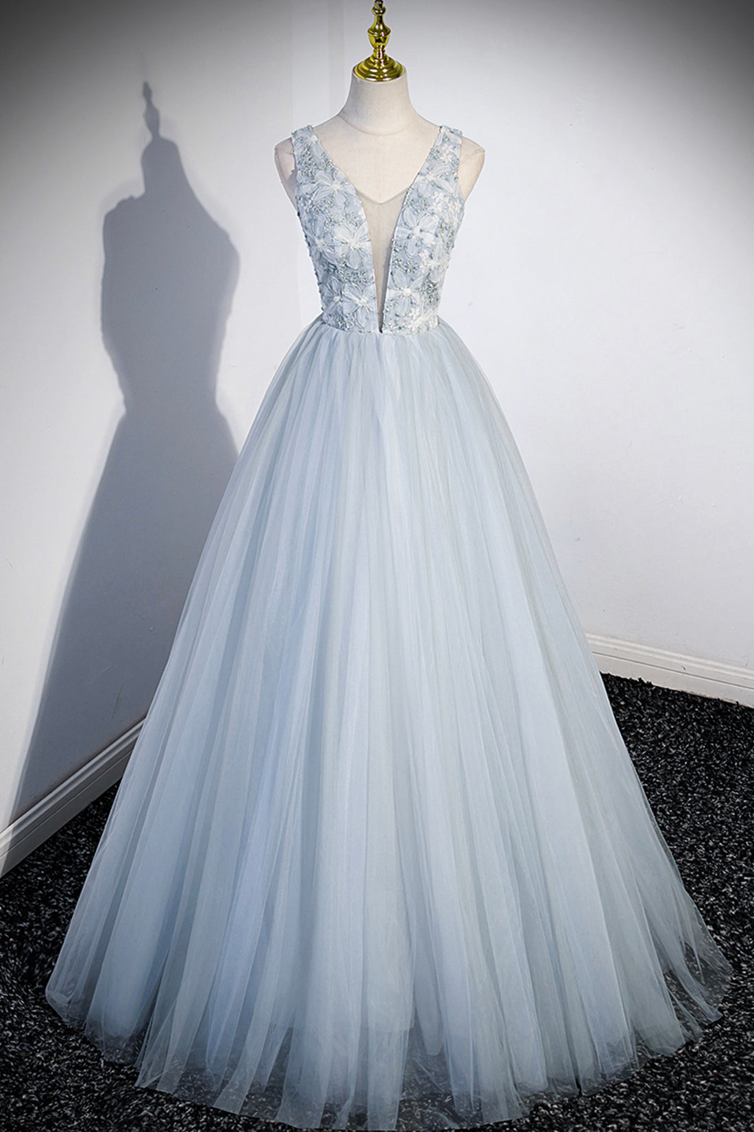 Roycebridal Angelica | Jolie robe de bal longue en tulle à col en V, robe de soirée grise