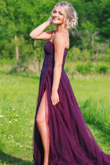 Roycebridal Alyssa | A-Linien-Ballkleid aus pflaumenfarbenem Tüll mit Herzausschnitt und Schlitz