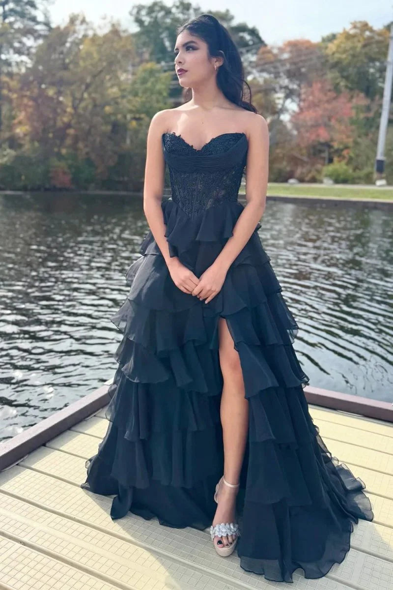 Black Strapless Appliques Chiffon Ruffled A Line Prom Dress