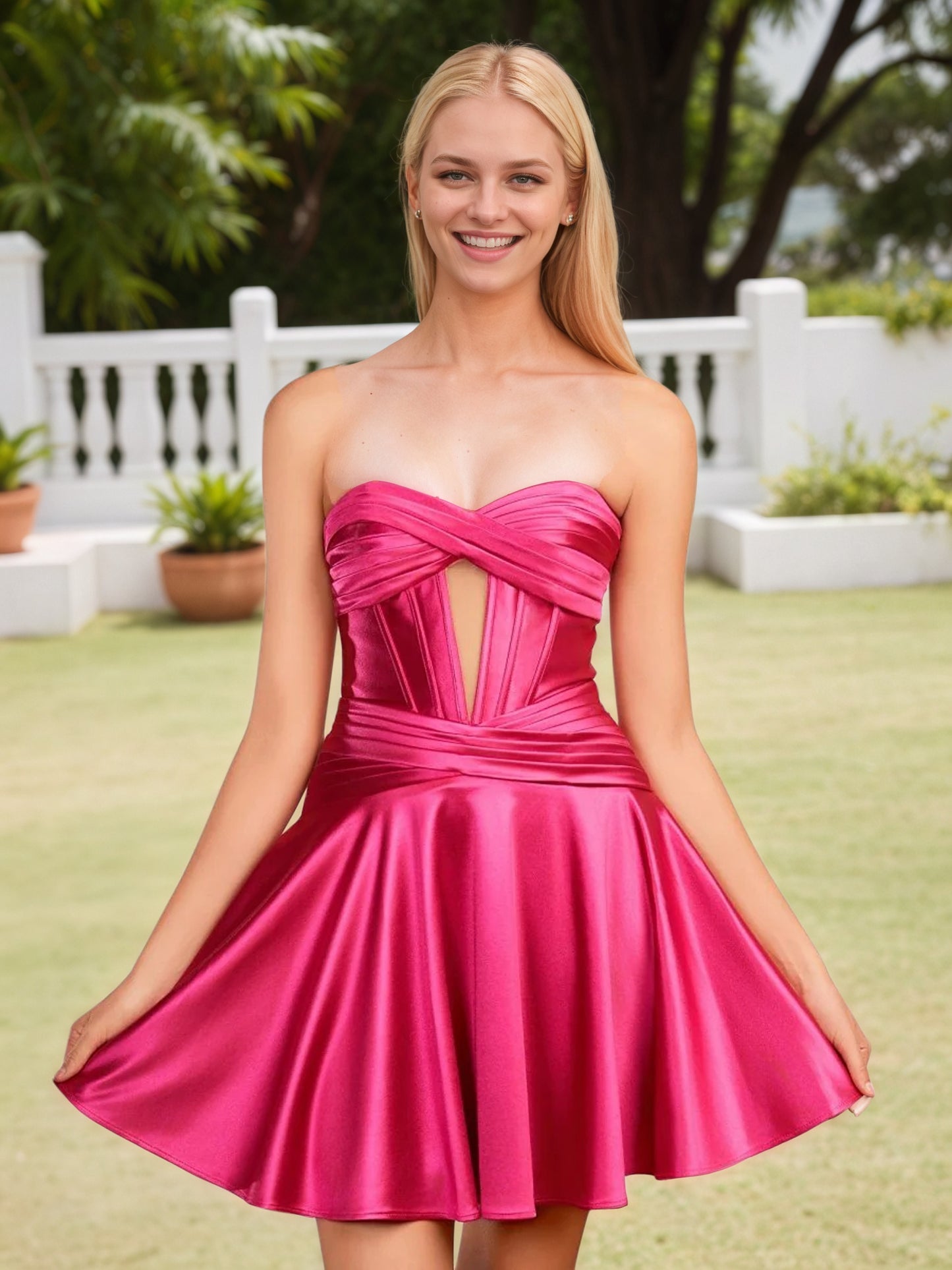 A-line Strapless Fuchsia Pleated Homecoming Dress with Keyhole