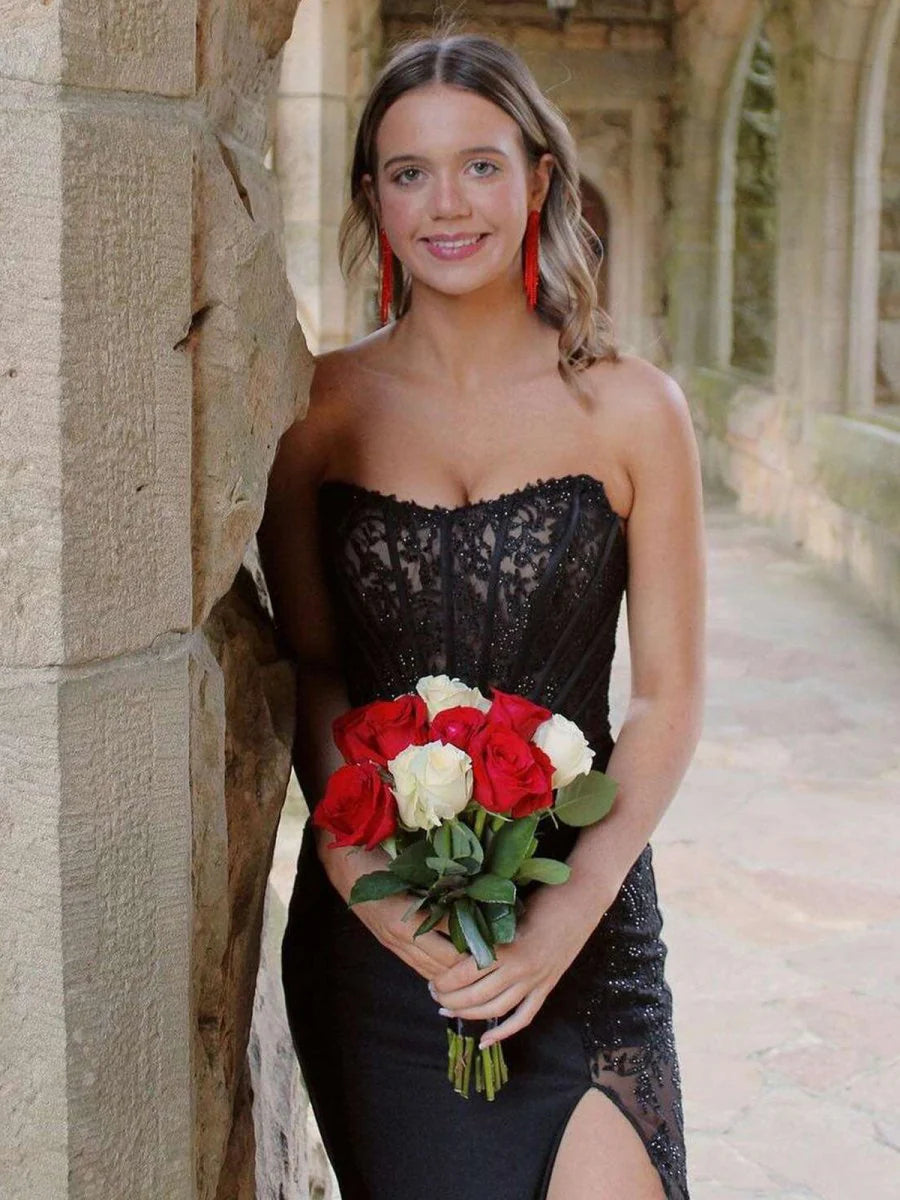 Black Slit Strapless Black Appliques Long Mermaid Prom Dress