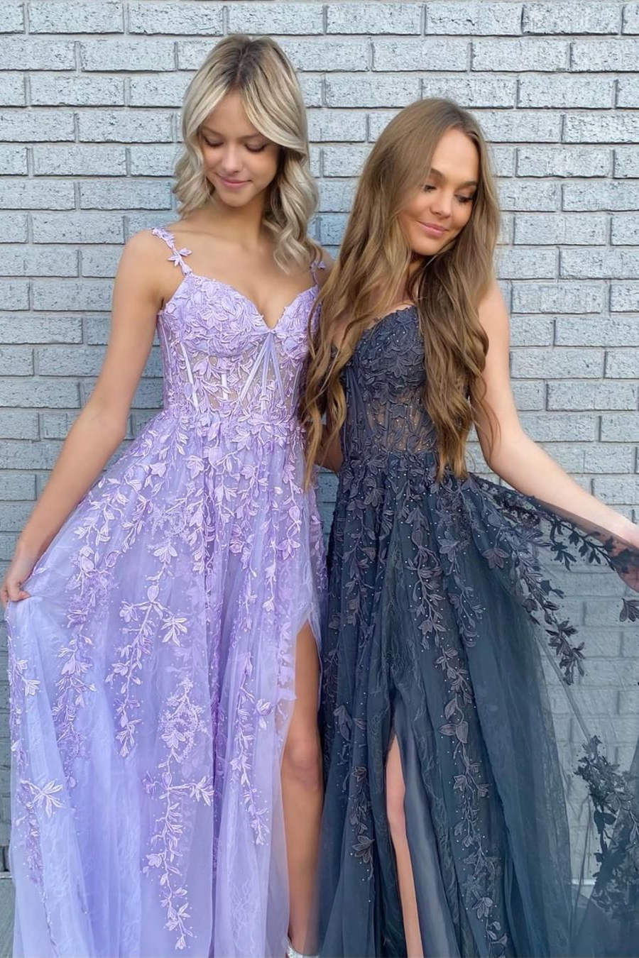Roycebridal Mariana | Marineblaues A-Linien-Ballkleid aus Spitzentüll mit herzförmigem Ausschnitt und Schlitz