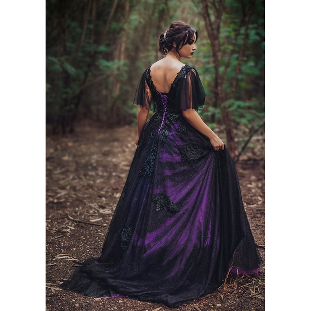 Sexy V Neck Short Cap Sleeve Open Back Lace Up Appliques Tulle Dark Purple A Line Gothic Black Wedding Dress