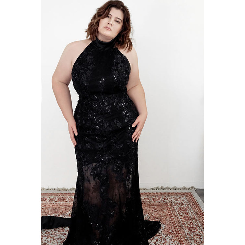 Sexy Halter Neck Sleeveless Open Back Full Lace Mermaid Gothic Black Wedding Dress
