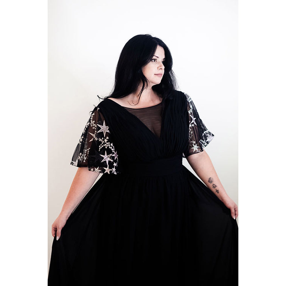 O Neck Short Cap Sleeve Open Back Lace Train A Line Gothic Black Wedding Dress