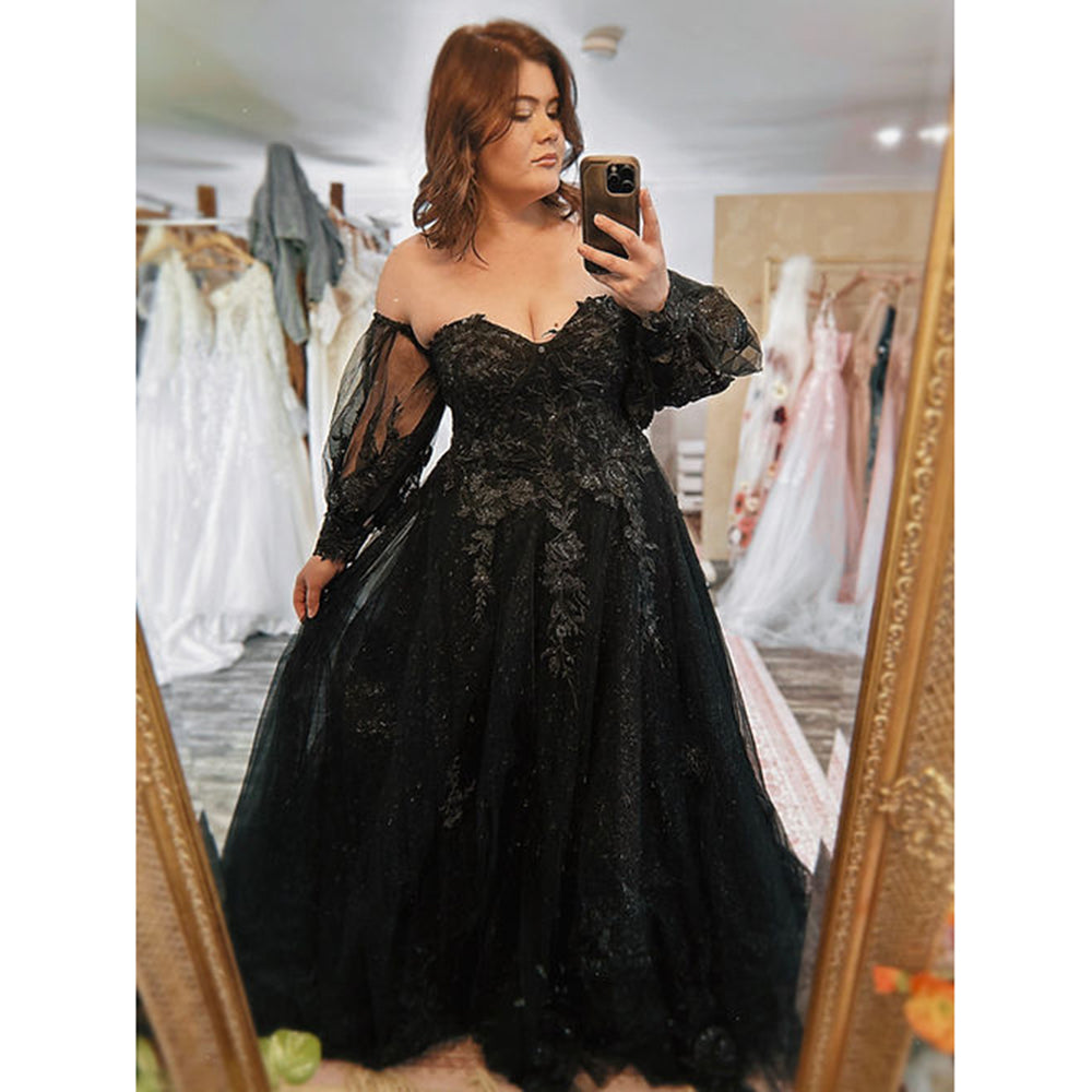 Sexy Split Sweetheart Neck Off the Shoulder Puff Sleeve Back Lace Up Appliques Tulle A Line Gothic Black Wedding Dress