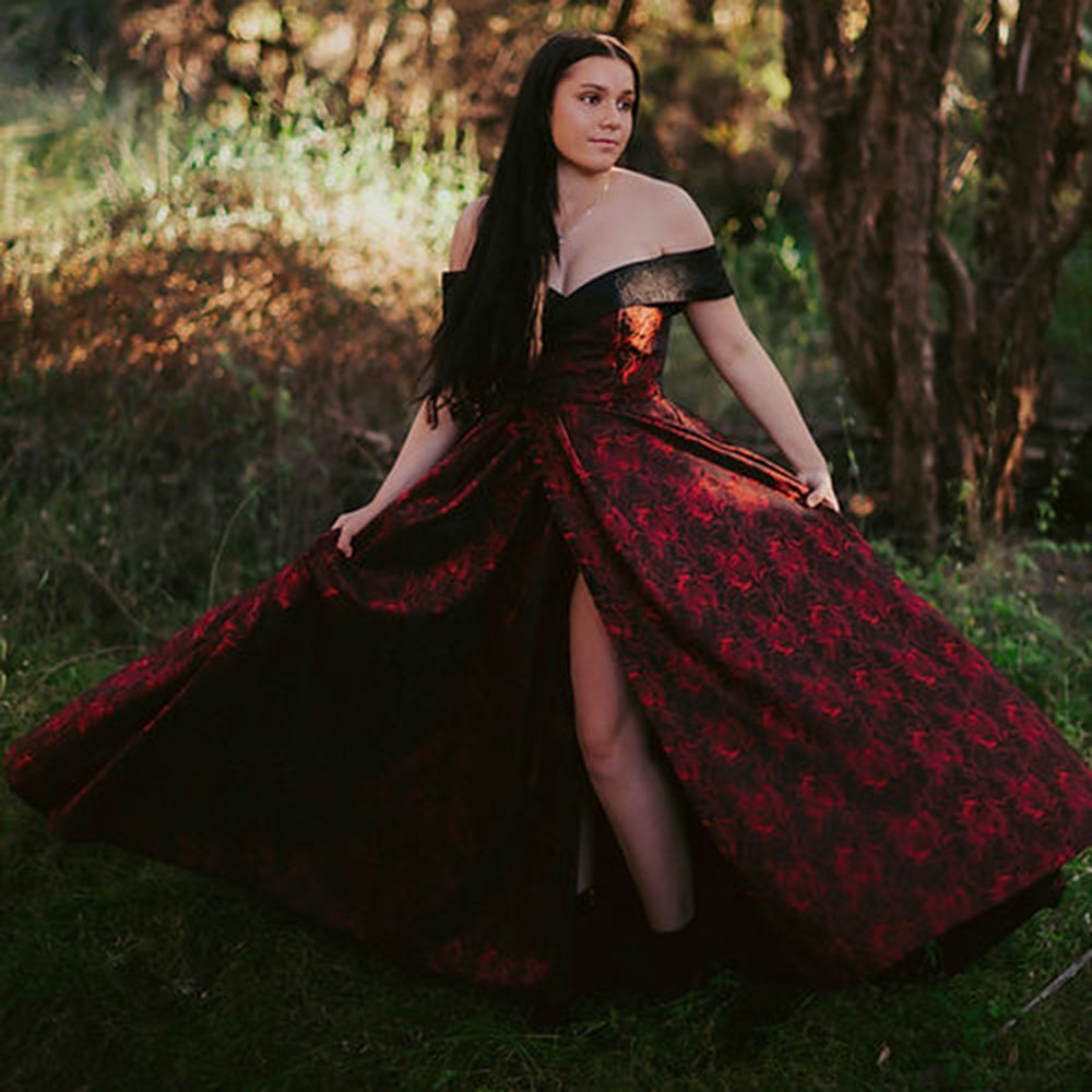 Sexy Split Deep V Neck Off the Shoulder Open Back Lace Print A Line Gothic Black Wedding Dress