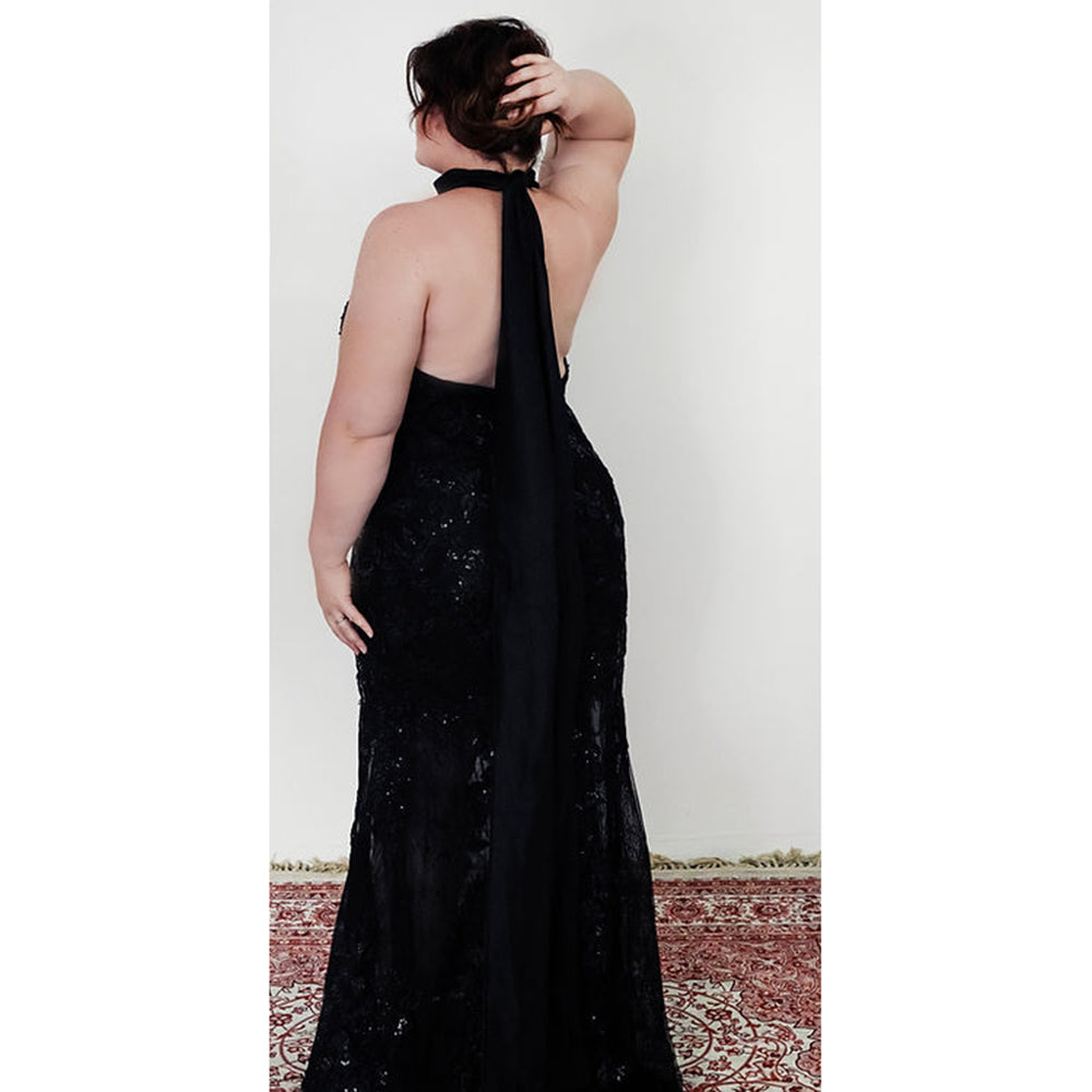 Sexy Halter Neck Sleeveless Open Back Full Lace Mermaid Gothic Black Wedding Dress