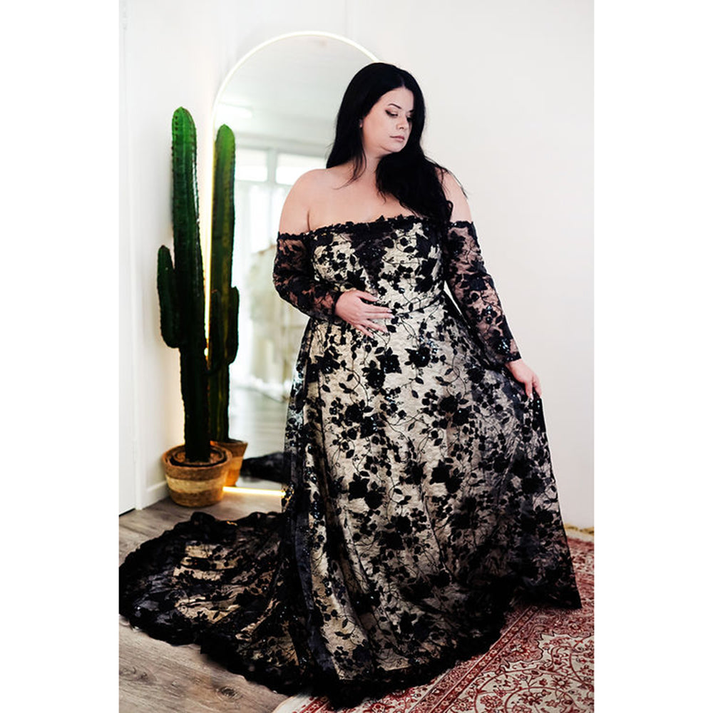 Sexy Strapless Off the Shoulder Long Sleeve Open Back Full Lace A Line Gothic Black Wedding Dress