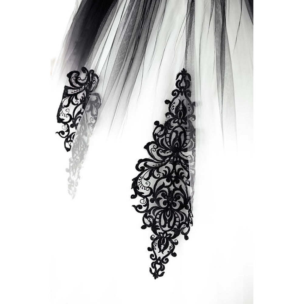 Elegant V Neck Long Lace Sleeve Tulle A Line Gothic Black Wedding Dress