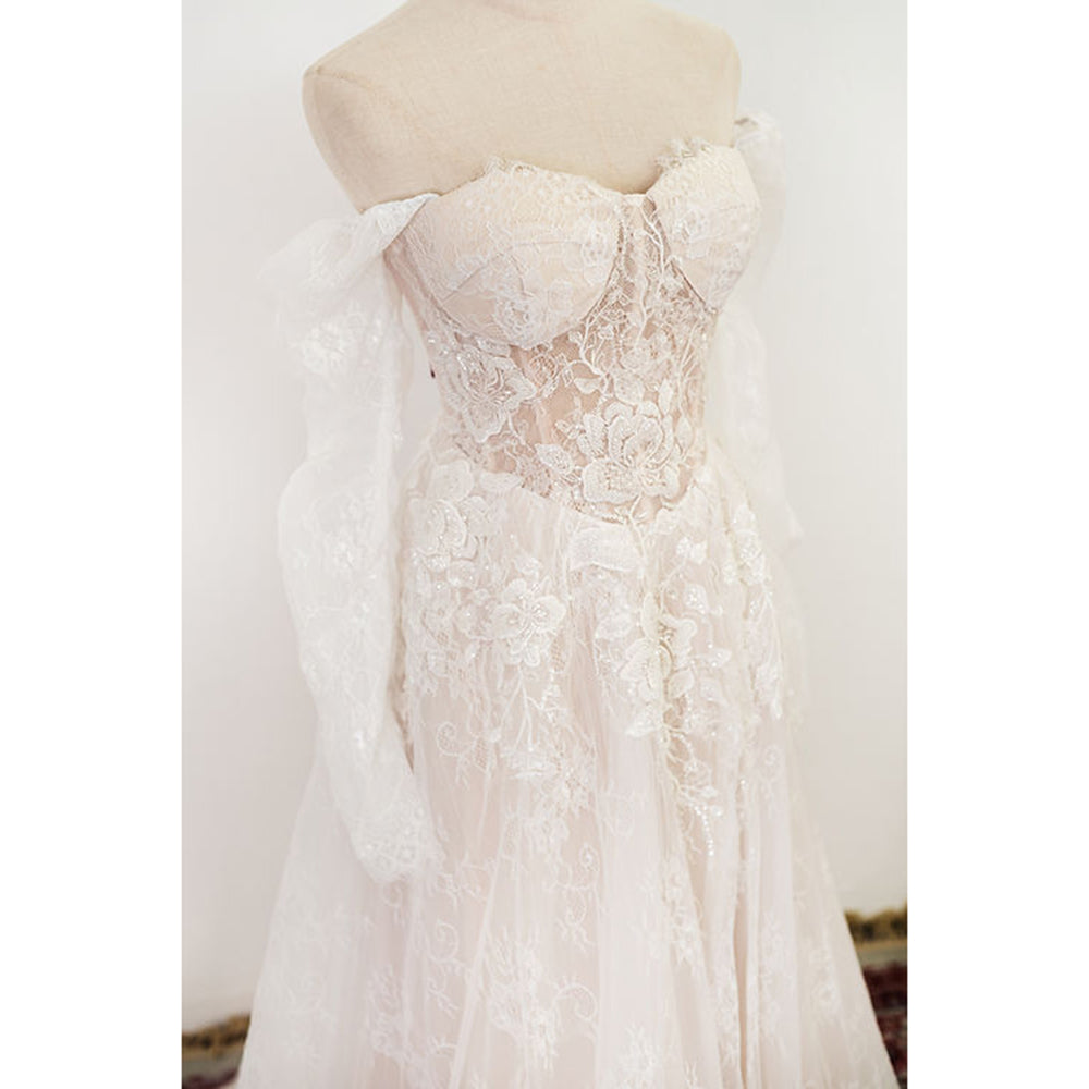Elegant Sweetheart Neck Long Flare Sleeve Back Lace Up Full Lace A Line Gothic Black Wedding Dress