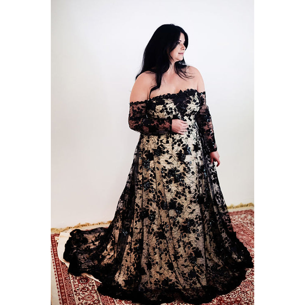 Sexy Strapless Off the Shoulder Long Sleeve Open Back Full Lace A Line Gothic Black Wedding Dress