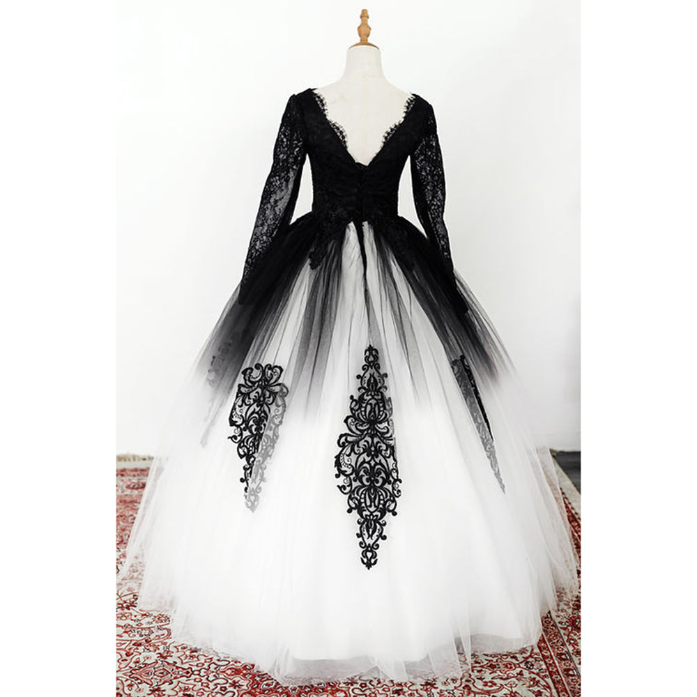 Elegant V Neck Long Lace Sleeve Tulle A Line Gothic Black Wedding Dress