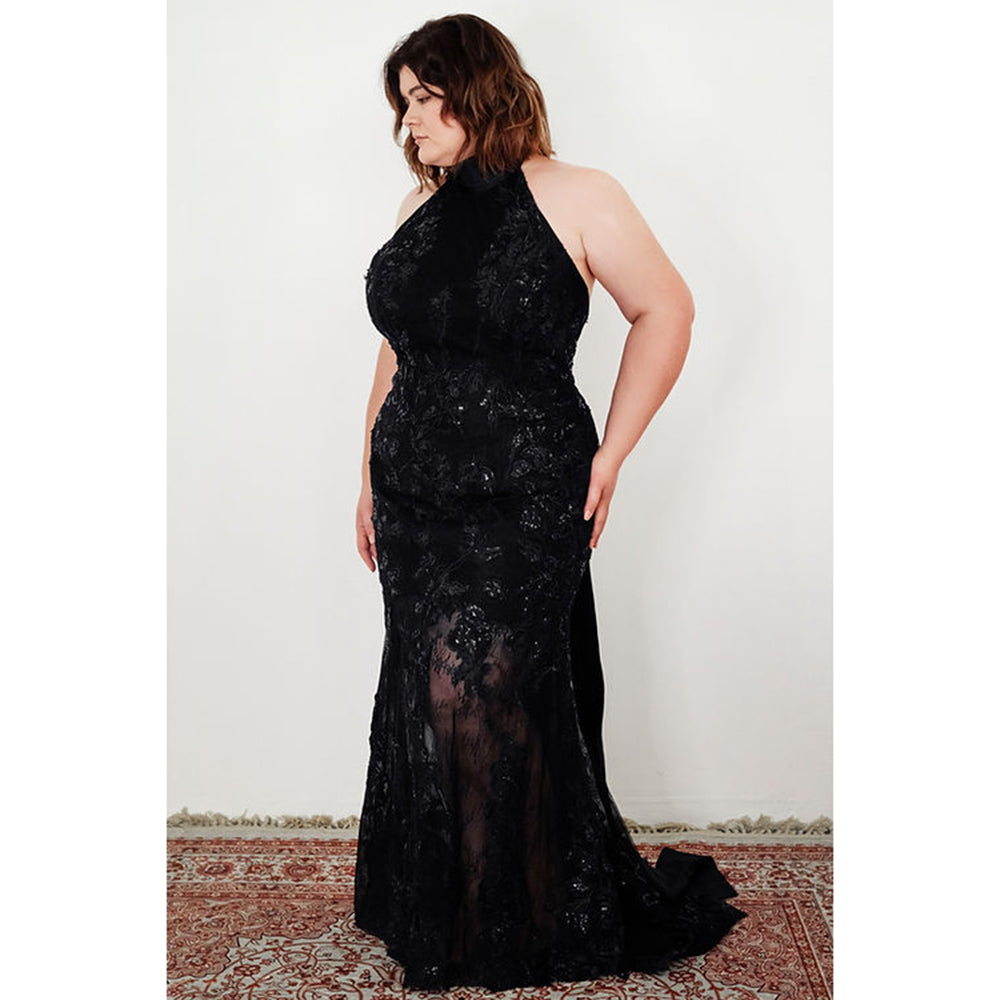 Sexy Halter Neck Sleeveless Open Back Full Lace Mermaid Gothic Black Wedding Dress