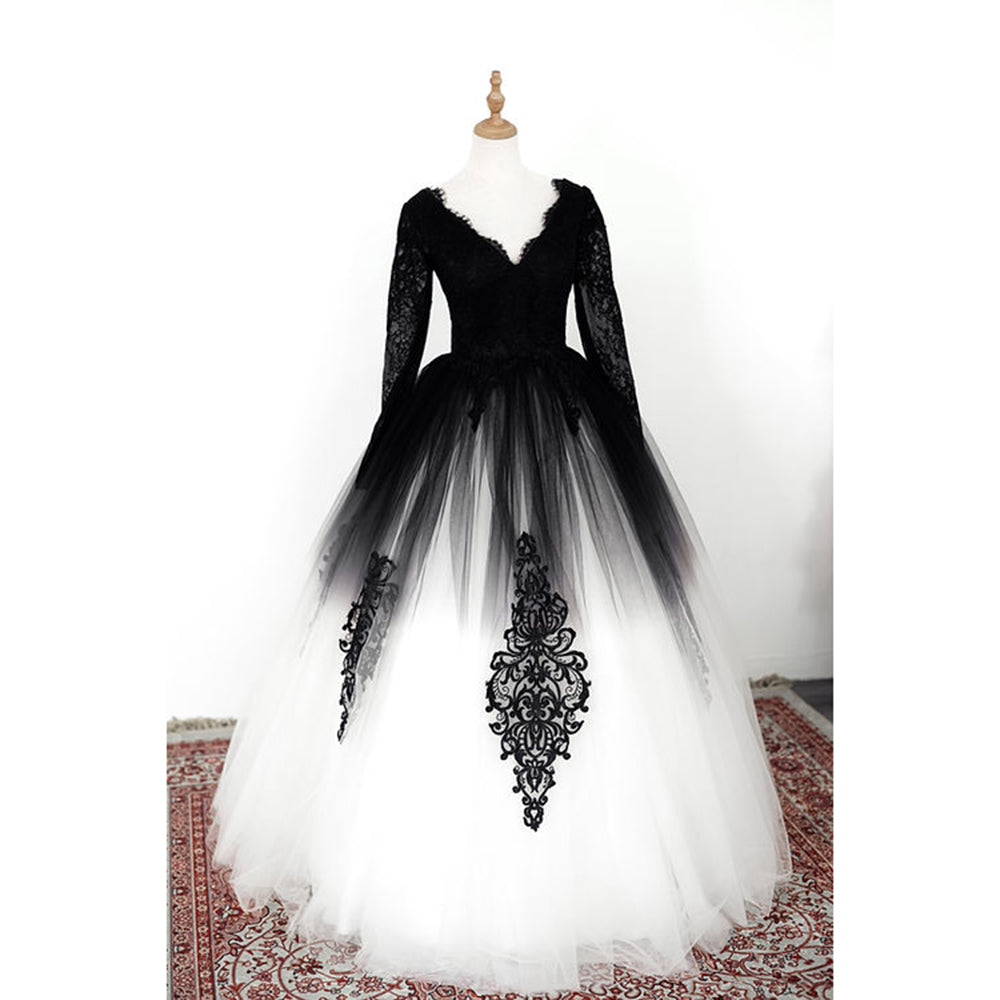 Elegant V Neck Long Lace Sleeve Tulle A Line Gothic Black Wedding Dress