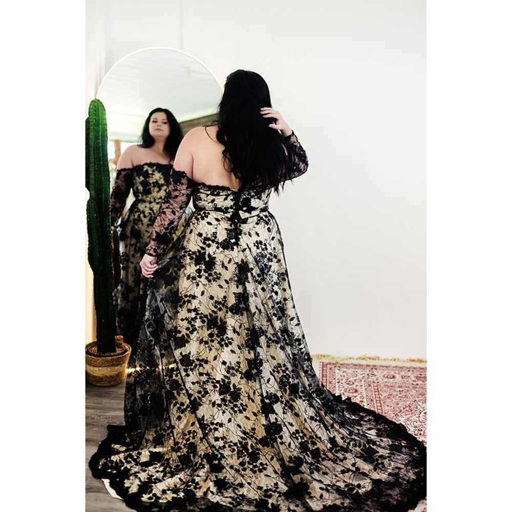 Sexy Strapless Off the Shoulder Long Sleeve Open Back Full Lace A Line Gothic Black Wedding Dress