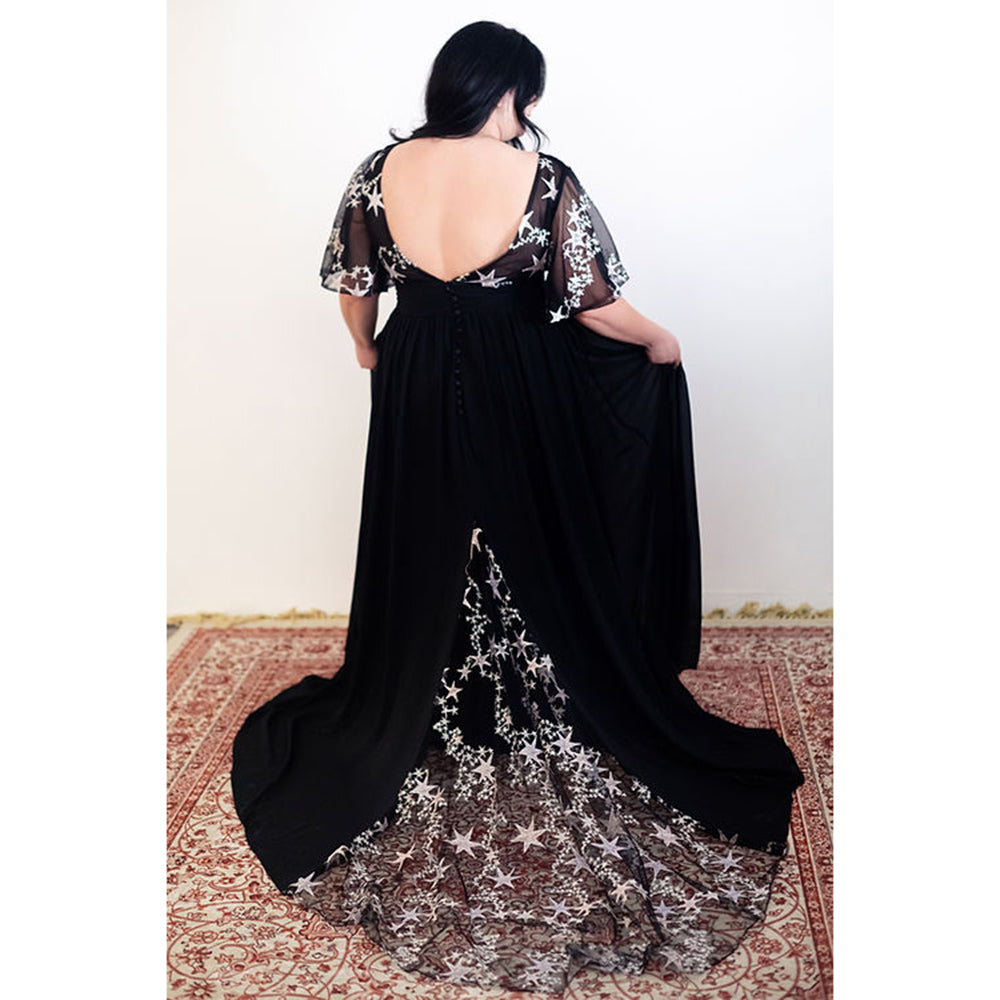 O Neck Short Cap Sleeve Open Back Lace Train A Line Gothic Black Wedding Dress