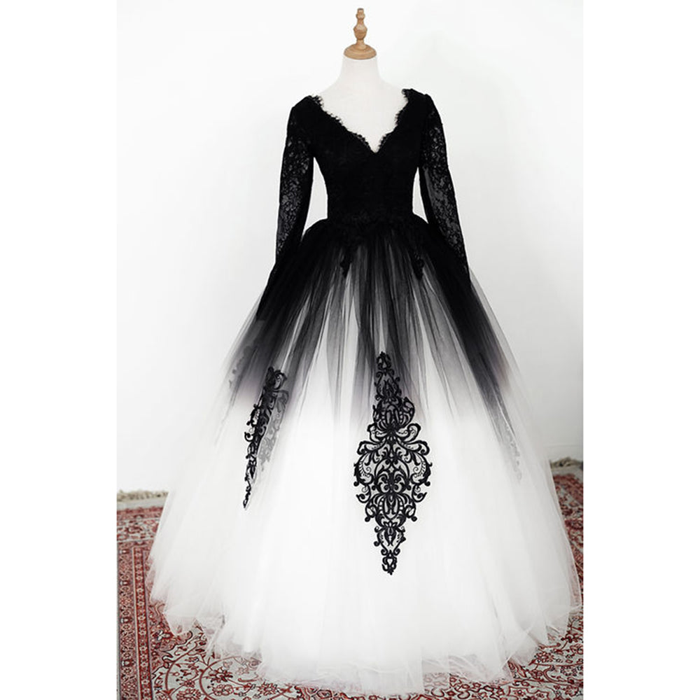 Elegant V Neck Long Lace Sleeve Tulle A Line Gothic Black Wedding Dress