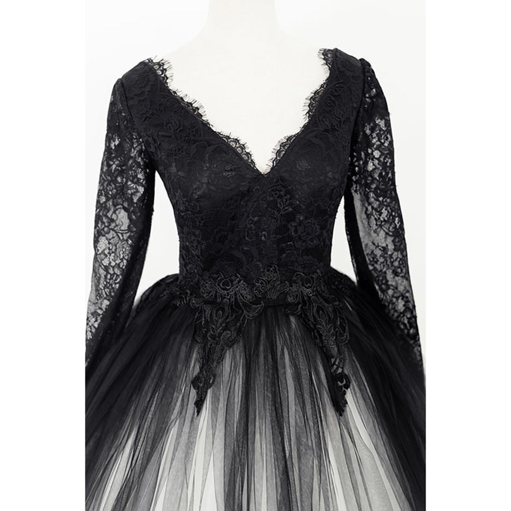 Elegant V Neck Long Lace Sleeve Tulle A Line Gothic Black Wedding Dress