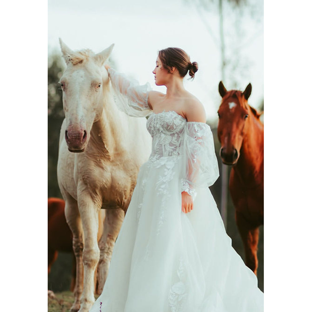 Sexy Split Sweetheart Neck Off the Shoulder Puff Sleeve Back Lace Up Appliques Tulle A Line Gothic Black Wedding Dress
