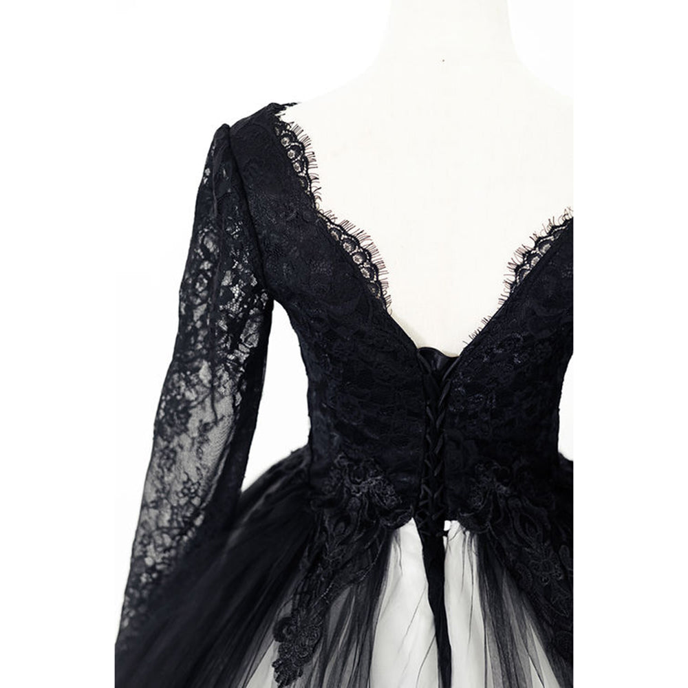 Elegant V Neck Long Lace Sleeve Tulle A Line Gothic Black Wedding Dress