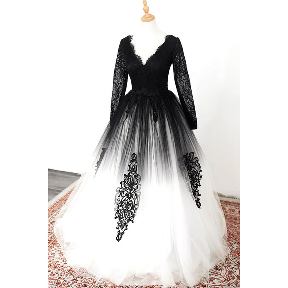 Elegant V Neck Long Lace Sleeve Tulle A Line Gothic Black Wedding Dress