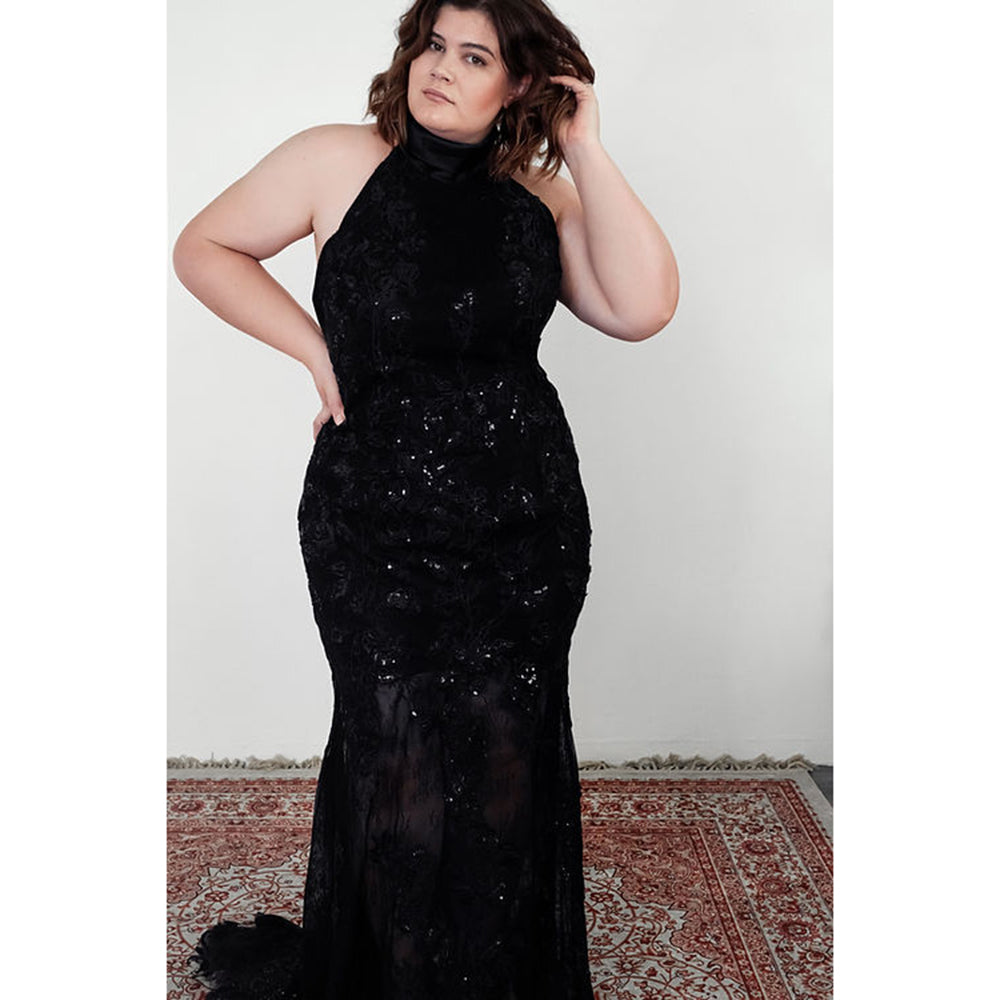 Sexy Halter Neck Sleeveless Open Back Full Lace Mermaid Gothic Black Wedding Dress