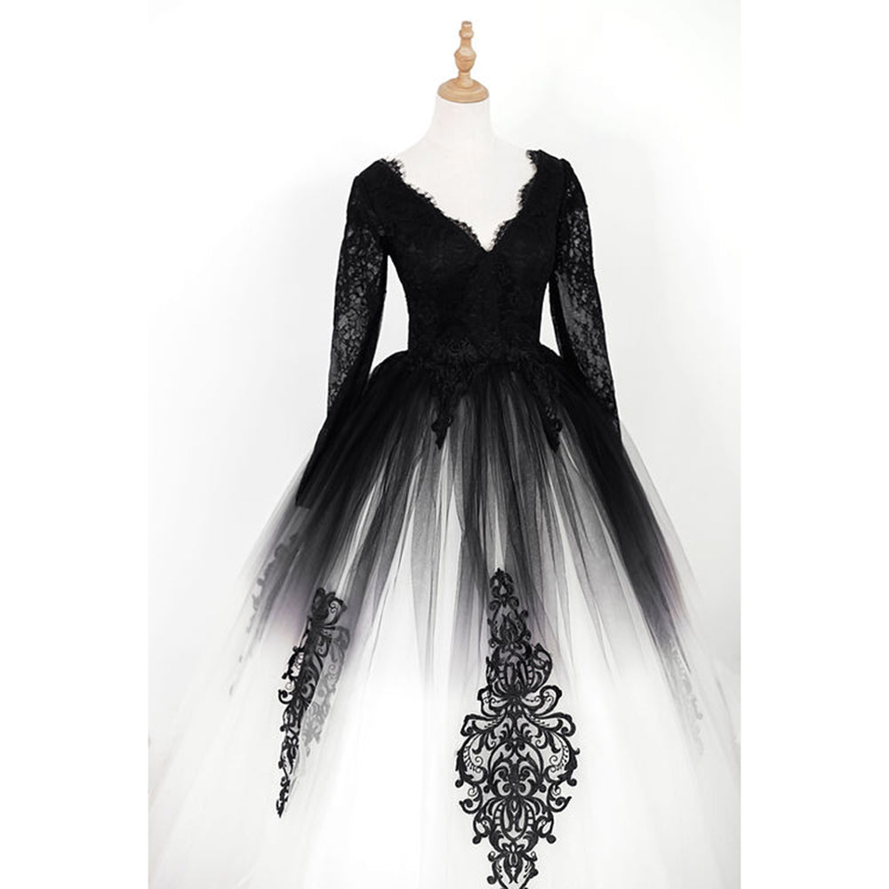 Elegant V Neck Long Lace Sleeve Tulle A Line Gothic Black Wedding Dress