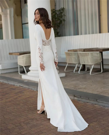 Ivory Slit Lace Long Sleeve Satin Mermaid Wedding Dress Customized
