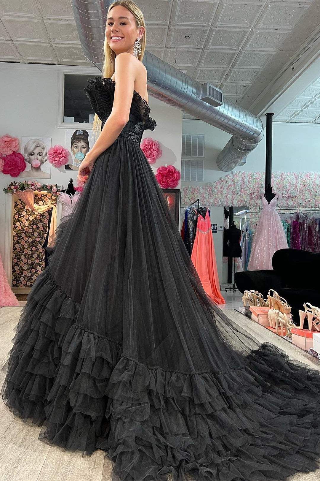 Roycebridal Alani |A-Line Strapless Pink Tiered Long Tulle Prom Dress
