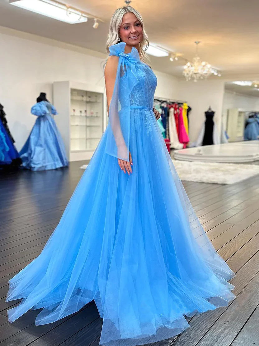Roycebridal Ximena | Süßes A-Linien-Ballkleid mit One-Shoulder-Träger aus blauem Tüll mit Applikationen