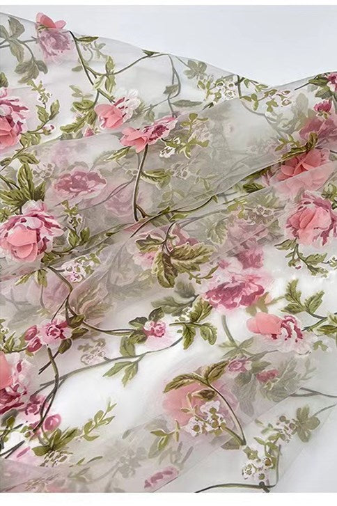 Roycebridal Light Blue Organza Plunge V A-Line Long Prom Dress with 3D Floral Lace