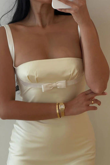 Yellow Square Neck With Bowknot Satin Long Prom Mermaid Dress