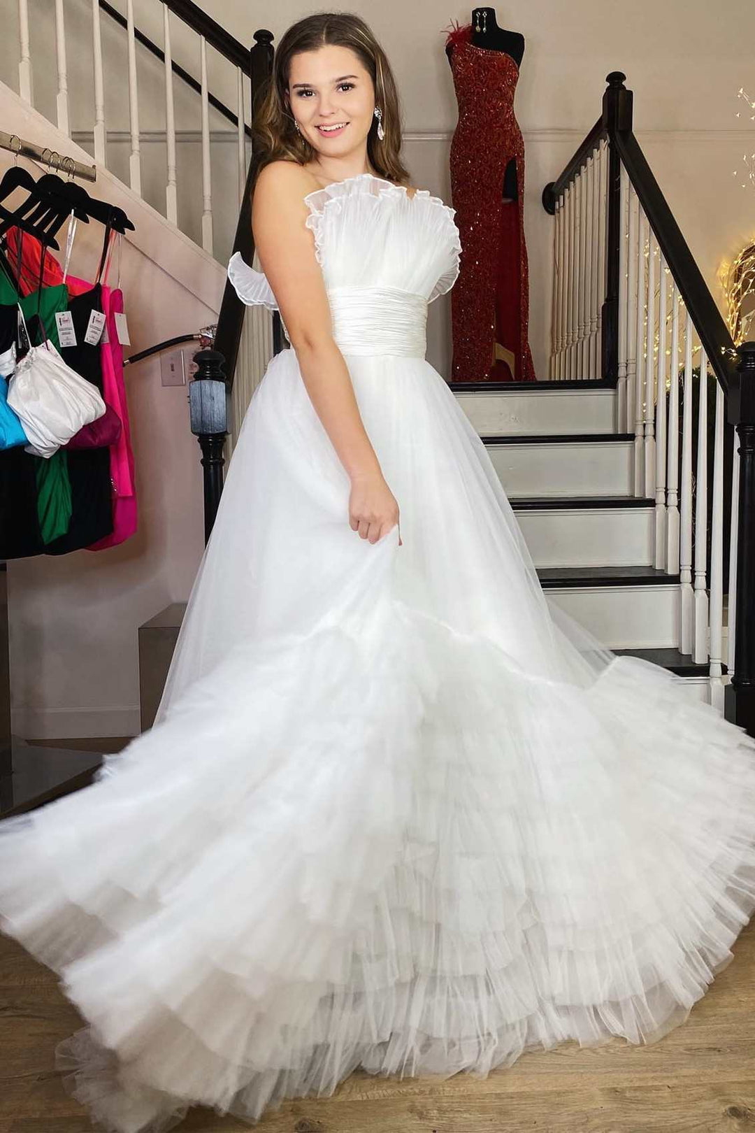 Roycebridal Alani |A-Line Strapless Pink Tiered Long Tulle Prom Dress