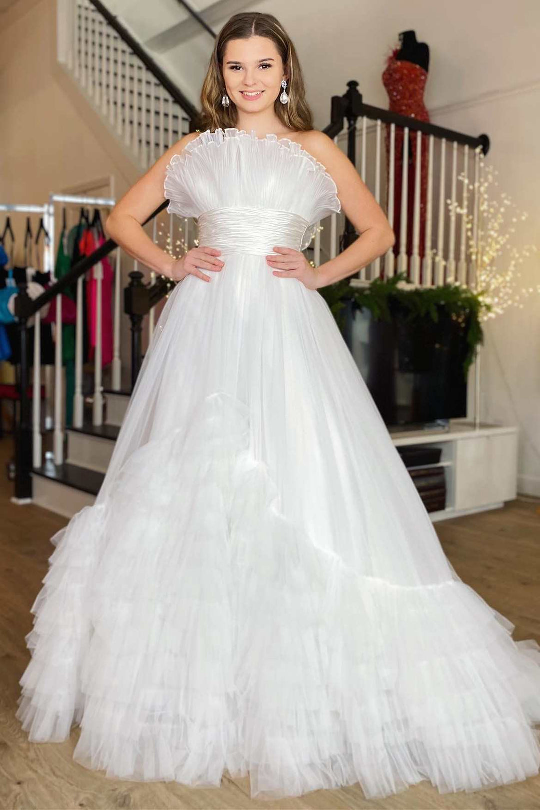 Roycebridal Alani |A-Line Strapless Pink Tiered Long Tulle Prom Dress