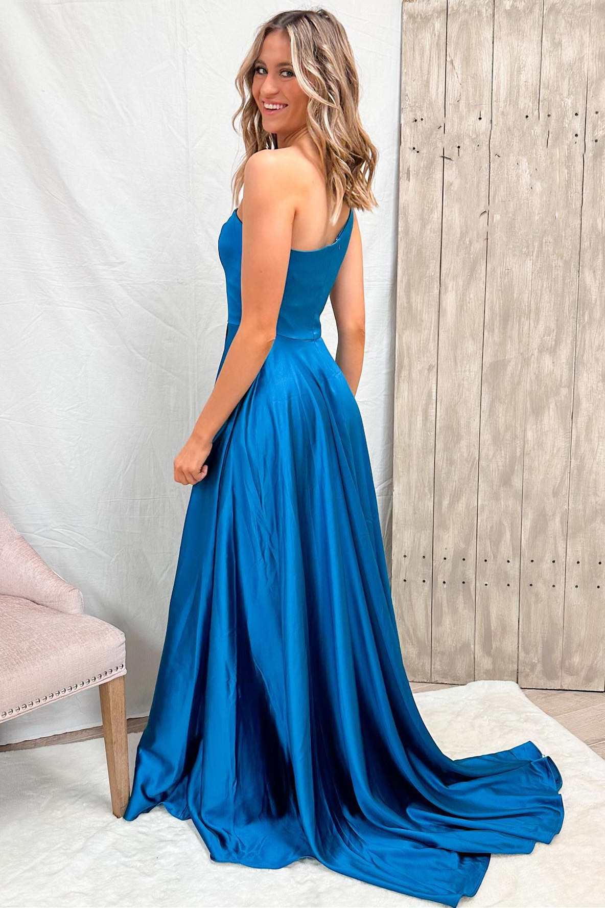 Roycebridal Blue One-Shoulder Wrap A-Line Prom Dress