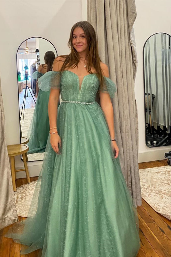 Robe de bal longue en tulle effet verre de mer Lilyana | Coupe trapèze, décolleté en V et épaules dénudées